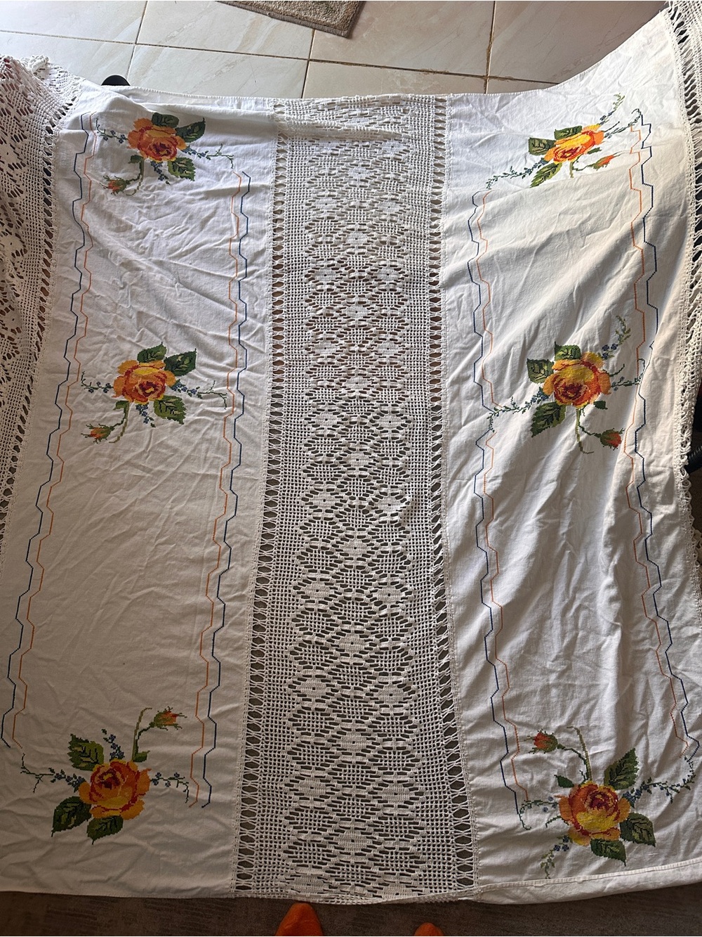Handmade White Crochet Table Cloth with Embroidered Accents - Picture 7 of 7